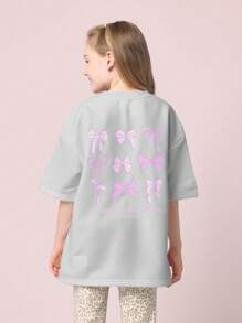 SUMWON Bow Design Oversized T Shirt Kawaii Casual Comfort Japanese Style Weekend Spring Summer Wear Adorable - Grey - View 1
