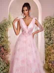 Glamrae 浪漫优雅粉色欧根纱印花 V 领褶皱后背可调节系带连衣裙，搭配 A 字飘逸裙和透明肩部，适合正式场合女士晚礼服（厚重质地）