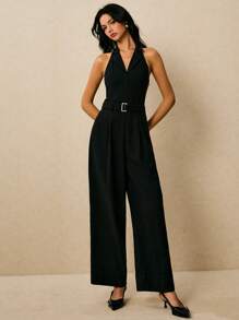 Poéselle 女士纯色露背吊带连体裤，通勤风格 - 黑色 - 查看 2