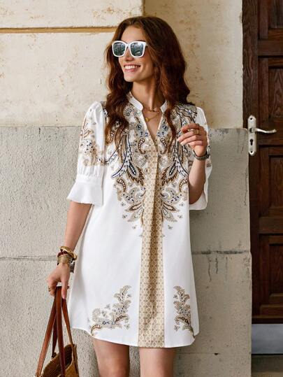 Solivie 女式中袖印花情人节连衣裙，春夏乡村音乐会服装女士夏季连衣裙女士生日连衣裙夏季波西米亚风连衣裙，波西米亚风服装女士乡村 Vboho 女士服装