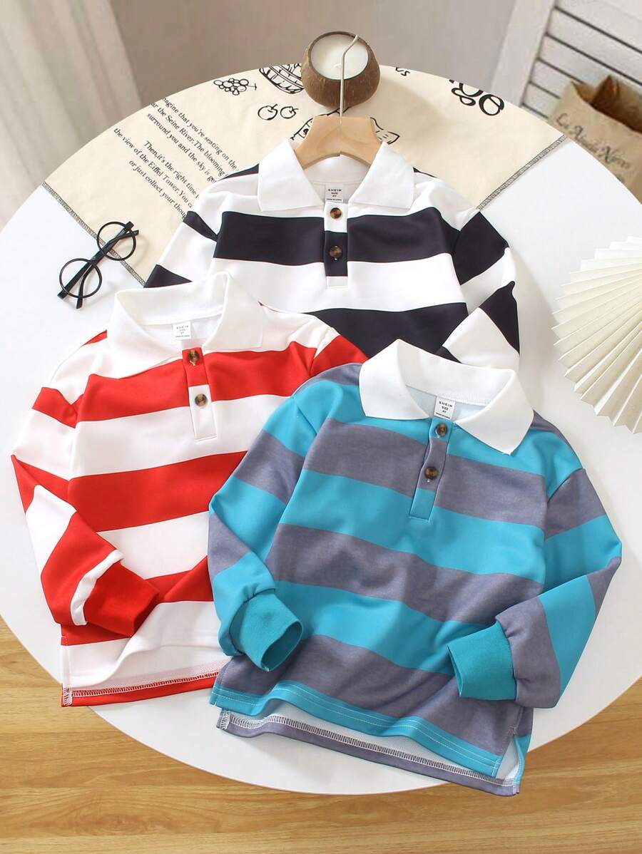 3 件套年轻男孩条纹拼色 Polo 领长袖运动衫，简单百搭，适合外出、户外和拍照