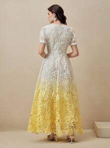 Anewsta Neues elegantes Kleid mit V-Ausschnitt, wasserlöslicher Spitze und Farbverlauf-Effekt, Sommerkleidung für Frauen, buttergelb