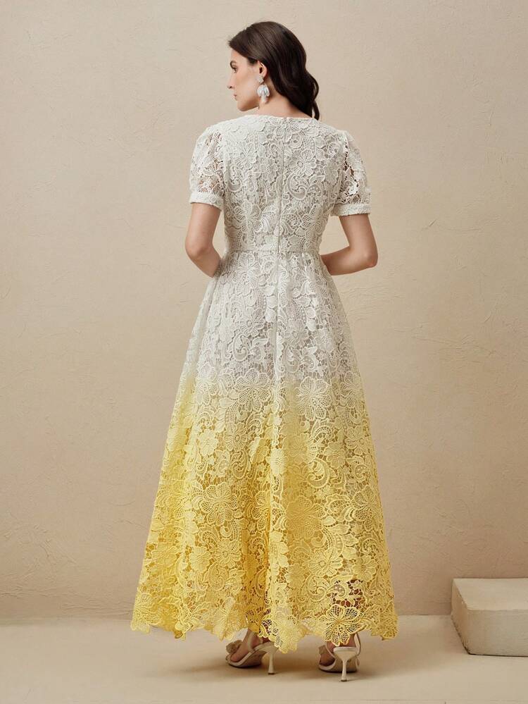 New Elegant V-Neck Water-Soluble Lace Ombre Elegant Dress, Summer Clothes For Women, Butter Yellow