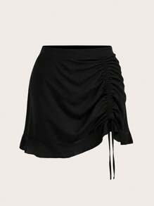 SHEIN BASICS Plus Size Casual Solid Color Drawstring Waist Skirt - Black - View 1