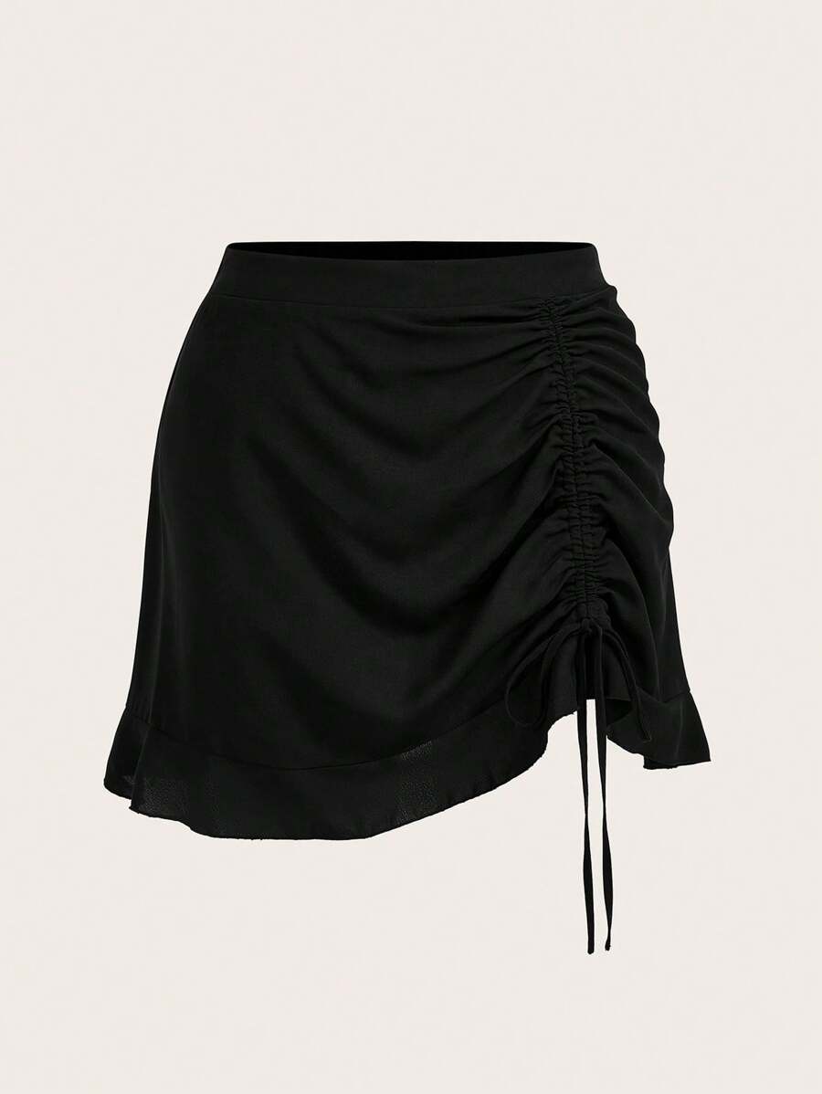 SHEIN BASICS Plus Size Casual Solid Color Drawstring Waist Skirt - Black - View 1