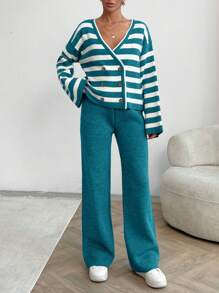 EURMUSE Women Stripe Pattern Front Button V-Neck Drop Shoulder Cardigan & Sweater Pants Set - Green - View 7
