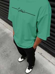 Manfinity Homme 男士休闲字母图案圆领短袖T恤，夏季百搭 - 薄荷綠 - 查看 4