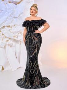 Glamrae Plus Size Elegant Romantic Black Off-Shoulder Organza Ruffle Splice Luxury Sequins Mermaid Hem Dress, Suitable For Party, Ceremony, Awards Show, Gala Events, Formal Evening Gown - Black - View 6