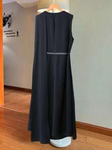 Franclia Premium Elegant French Style High Collar Sleeveless Slim Fit Office Lady Long Dress, Plus Size