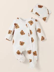 SHEIN 2pcs/Set Newborn Baby Boy/Girl Cartoon Bear Printed Long Sleeve Jumpsuit With Hat, Unisex Infant Clothes Suitable For Daily Wear, Birthday Party, Photography, All Seasons