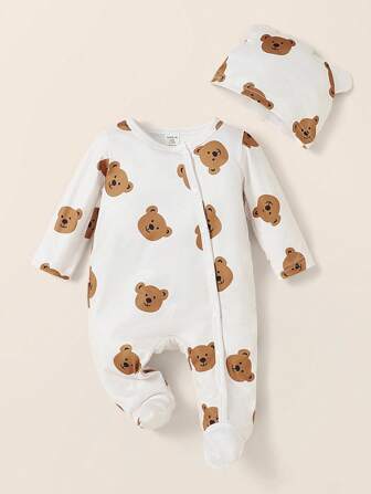 SHEIN 2 pièces/Set Combinaison à manches longues avec chapeau imprimé d'ours de bébé nouveau-né garçon/fille, vêtements de bébé unisexe adaptés pour un port quotidien, une fête d'anniversaire, la photographie, toutes les saisons