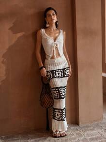 MOTF PREMIUM CROCHET MERMAID HEM COVER UP SKIRT FOR SUMMER BEACH VACATION - Black and White - View 6