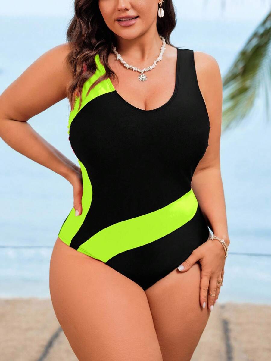 Swim SPRTY 大码女式拼布无袖圆领连体泳衣，休闲海滩度假