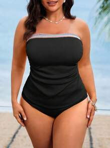 Swim Lushoire Plus Size Women Pink Sling Bandeau Splicing Contrast Color Slimming High-End Beach Resort Swimsuit For Summer Beach Vacation - Black - View 3