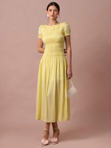 Enchnt Váy xòe nhún bèo màu trơn đơn giản cho nữ, mùa hè - Màu vàng - Xem 4