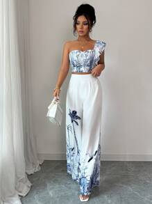 Elenzga 2 件套女式阔腿裤和花朵印花背心，休闲装 - 彩色 - 查看 4