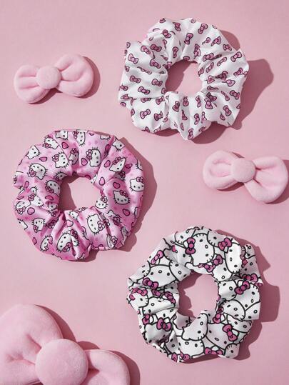 HELLO KITTY AND FRIENDS | SHEIN 3pcs Soft Satin Scrunchies, Shiny Coil Hair Ties, Cute Bow, Cat, Pink Design, Elastic, Hair-Friendly