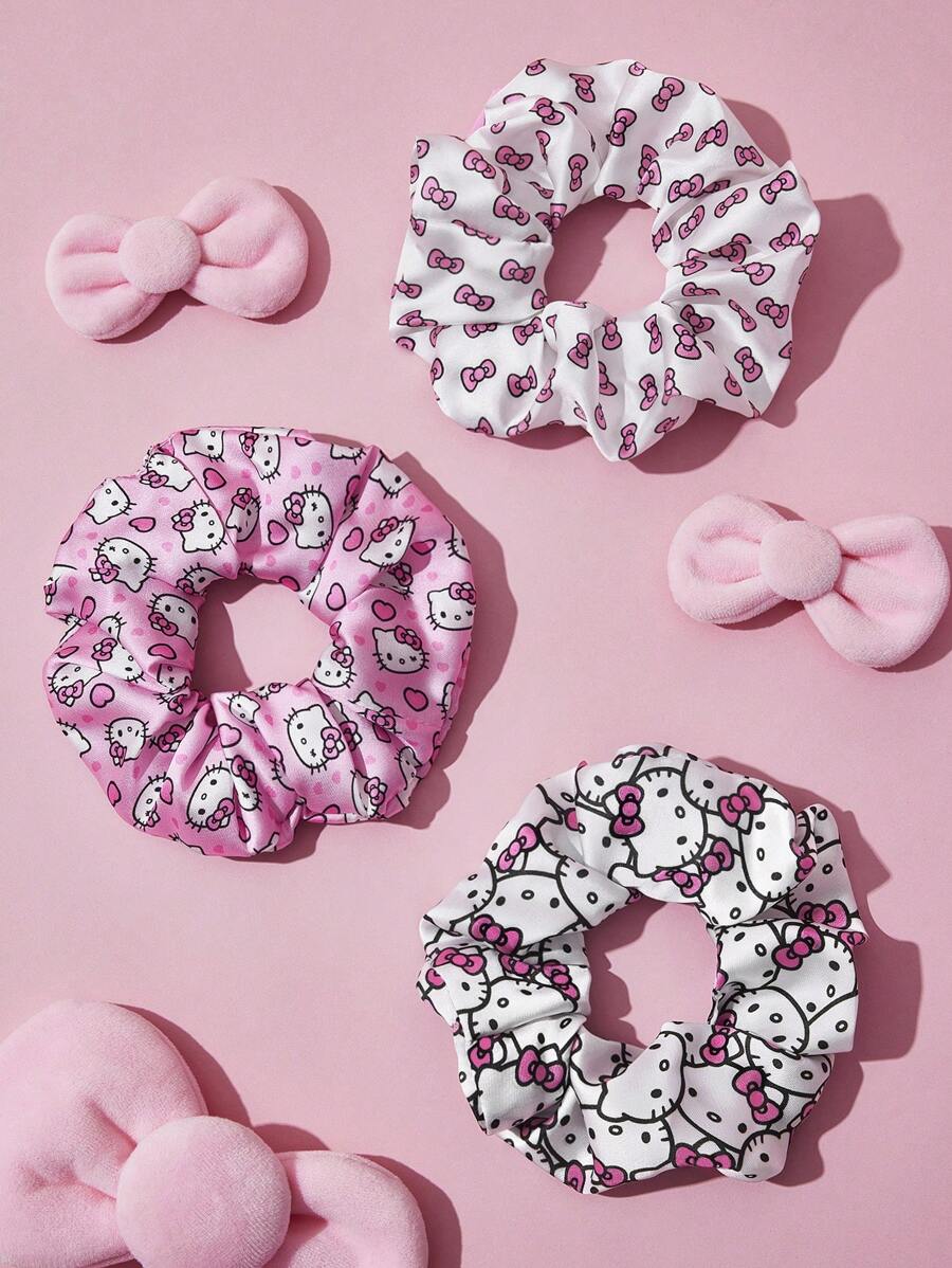 HELLO KITTY AND FRIENDS | SHEIN 3pcs Soft Satin Scrunchies, Shiny Coil Hair Ties, Cute Bow, Cat, Pink Design, Elastic, Hair-Friendly - Multicolor - View 1
