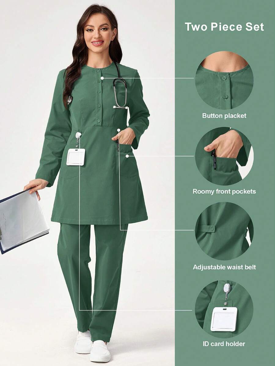 TaskEZ Solid Color Pocket Designed Long Sleeve Top And Long Pants Nursing Scrub Uniform Set, Women Scrub Sets, Nursing Scrubs, Women Workwear Scrubs - Army Green - View 1