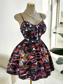SHEIN Clasi Women Plus Size Elastic Waist Printed Ruffled Slip Dress, Fashionable Design Versatile Beach Dress, Spring & Summer New Arrival - Multicolor - View 1