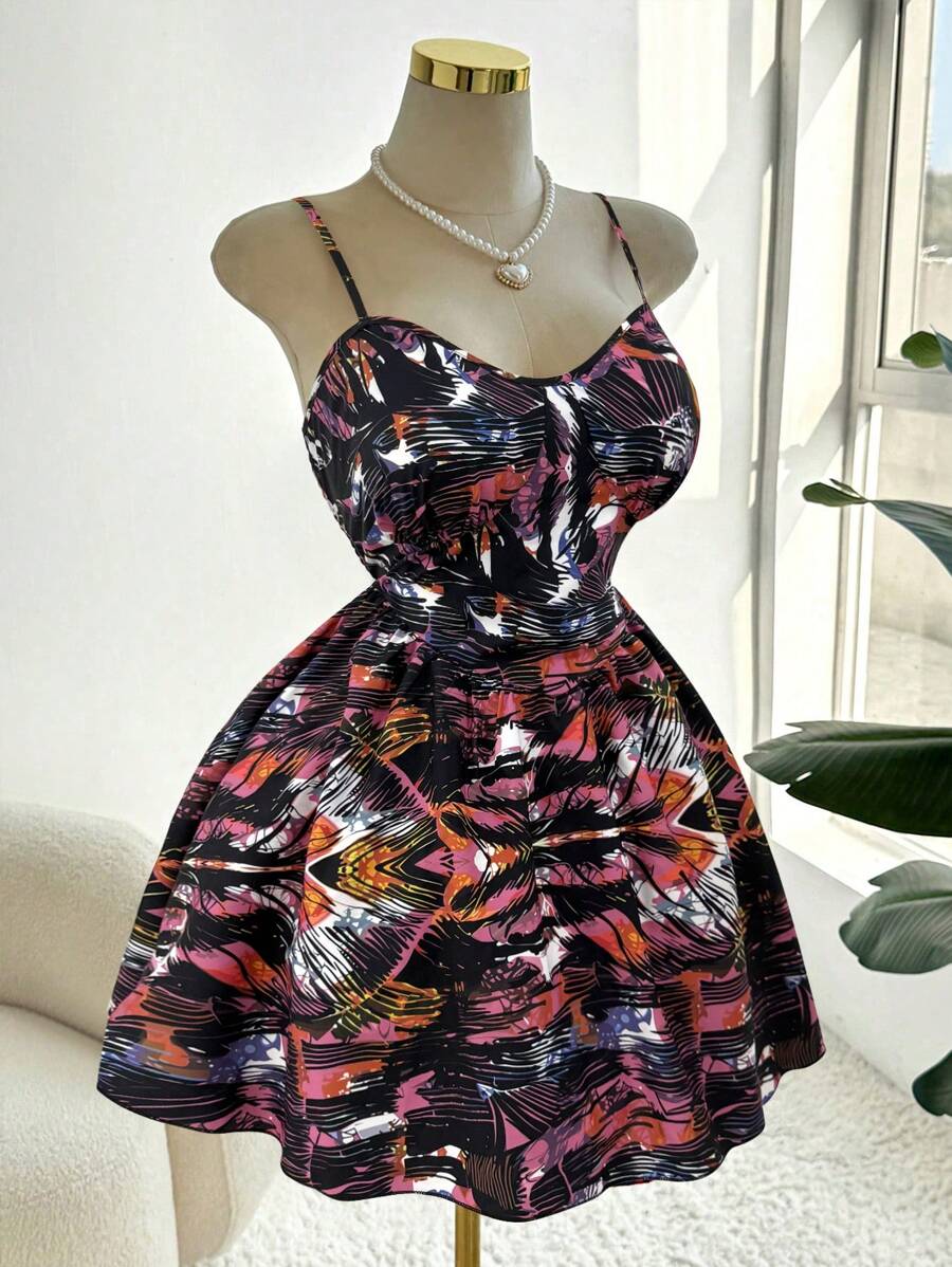 SHEIN Clasi Women Plus Size Elastic Waist Printed Ruffled Slip Dress, Fashionable Design Versatile Beach Dress, Spring & Summer New Arrival - Multicolor - View 1