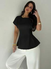 Firerie Camisa regular de mujer de estilo vintage con cuello redondo, manga corta, cintura recogida y textura de bambú negro, minimalista y elegante, adecuada para uso diario, vacaciones y playa - Negro - Ver 6