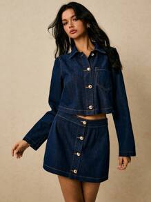 Poéselle 新款女式低腰前扣深蓝色牛仔裙，秋冬返校教师外出商务休闲基本款低腰 - 深色水洗藍 - 查看 6