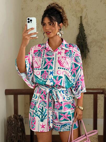 Travachic 大码全身印花系带休闲连体裤