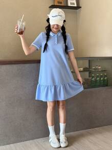 SHEIN 青少年女孩休閒舒適針織純色洋裝，學院風藍色 Polo 領洋裝，荷葉邊下擺領口洋裝 - 藍色 - 查看 6