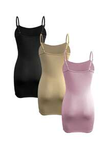 SHEIN Robe mini moulante à bretelles spaghetti de couleur unie pour femmes - Noir - Voir 2