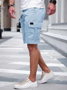 Manfinity LEGND 男士纯色松紧腰抽绳口袋实用工作短裤。男士浅蓝色工装短裤男士休闲短裤男士街头潮流短裤男士夏季短裤浅蓝色男士短裤。送给男朋友或丈夫的绝佳礼物。 - 藍色 - 查看 5