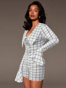 Athîral 女式格子前系带长袖纽扣门襟休闲连体裤 - 黑與白 - 查看 5