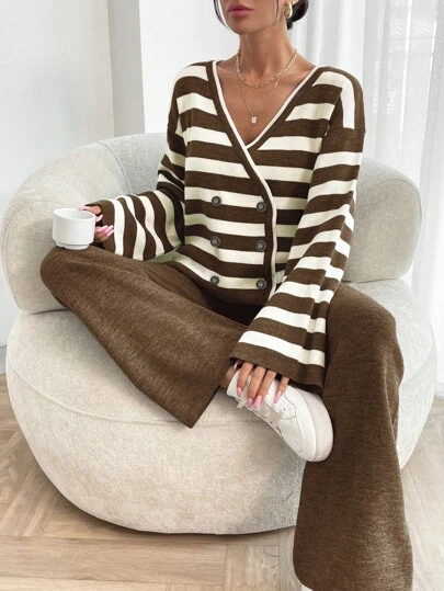 EURMUSE Women Stripe Pattern Front Button V-Neck Drop Shoulder Cardigan & Sweater Pants Set