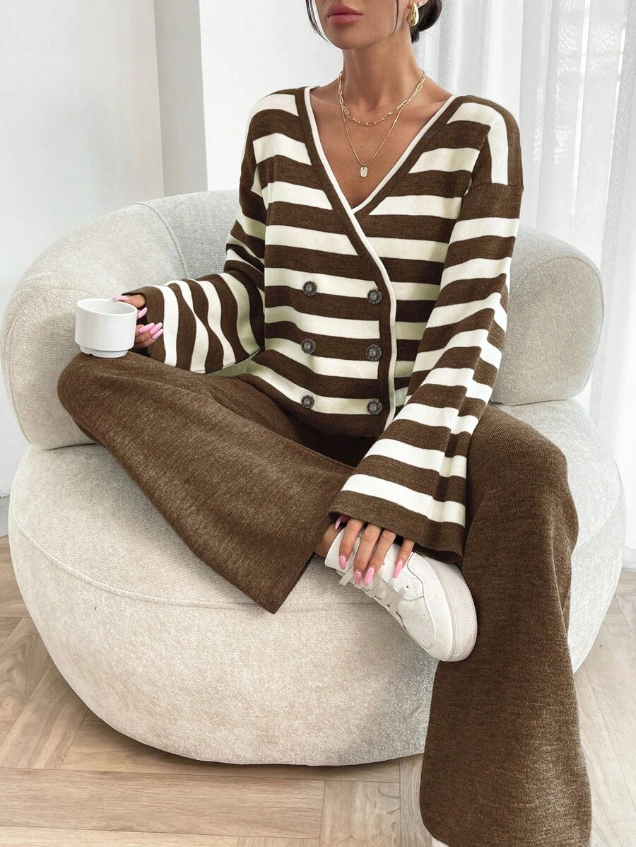 EURMUSE Women Stripe Pattern Front Button V-Neck Drop Shoulder Cardigan & Sweater Pants Set - Brown - View 1