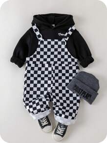 SHEIN 2 件套婴儿男孩/女孩休闲运动风格宽松超大熊图案针织连帽衫和罗纹袖口针织裤套装，适合秋冬季穿着，室内和室外 - 黑色 - 查看 1