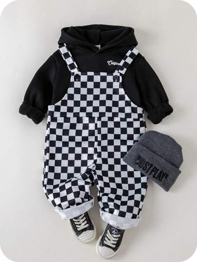 SHEIN 2pcs/Set Baby Boy/Girl Casual Sports Style Loose Oversized Bear Pattern Knit Hoodie Sweatshirt And Ribbed Cuff Knit Pants Outfit, Suitable For Autumn/Winter Wear, Indoor And Outdoor