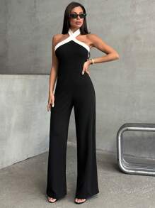 EURMUSE Summer Sexy Contrast Color Backless Halter Jumpsuit - Black - View 3
