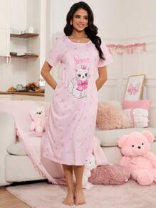 SHEIN Women's Cute Cat & Bow Print Round Neck Knee-Length Nightgown, Moo Moo - Pink - View 3