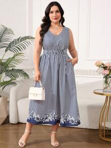 SHEIN Clasi Plus Size Striped Waisted Floral Hem Long Dress,Airport Outfit For Women ,Travel Outfit Airport ,Airport Outfit