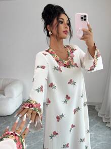 Yasmyna 女士红色印花V领拼接缎带饰边宽松长袖阿拉伯连衣裙 - 彩色 - 查看 4