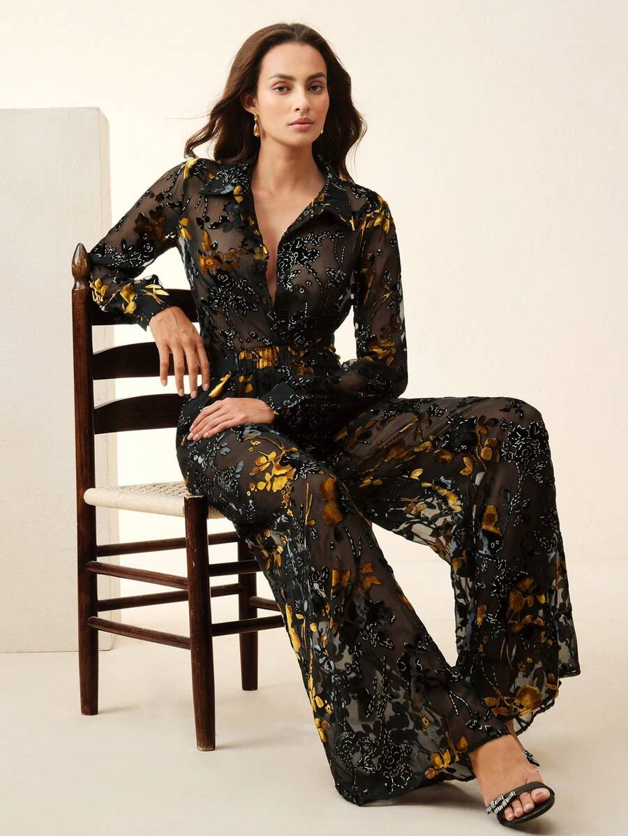 Anewsta 秋冬优雅天鹅绒烂花面料半透明衬衫和松紧腰直筒裤两件套女装 - 黑色 - 查看 1