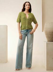 Anewsta Elegant stickad kofta med kort ärm för vår/sommar, strandkläder för kvinnor - Olivgrön - Visa 6