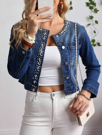 EMERY ROSE Ladies' Faux Pearl Button Front Long Sleeve Denim Jacket And Coat Cropped Denim Jacket Women Jean Jacket Crop Jean Jacket Pearl Embellished Denim Jacket Denim Jacket With Pearl