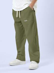 SUMWON 优质亚麻阔腿夏季直筒抽绳休闲沙滩裤，轻盈透气，适合秋冬春装度假穿着 - 橄欖綠 - 查看 1