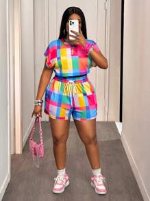 Slaydiva Set de 2 piezas de camiseta corta de cuello redondo y pantalones cortos con estampado a cuadros colorido y textura para mujer talla grande, para primavera/verano, uso casual y deportivo. Conjunto de 2 piezas multicolor para mujer talla grande, ideal para el verano. - Multicolor - Ver 7