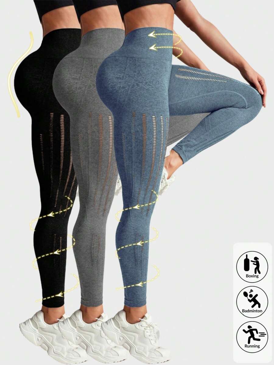 Velisys Velisys مجموعة من 3 قطع سروال رياضي نسائي ذو تصميم مستوى الخصر عالي والتصميم المشبك مناسب للياقة البدنية والحياة اليومية - متعدد الألوان - مشاهدة 1