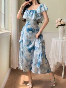 DAZY Damen Batik-Volant-Saum Midi-Kleid Maxikleid - Blau - Übersicht 2