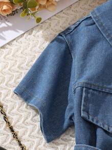 Tween Girls Cotton Denim Patchwork Casual Dress - Yellow - View 4