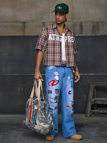 AXEPEAK Men's Plaid Casual Loose Stylish Streetwear Short Sleeve Shirt - Brown - View 4