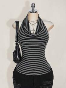 SHEIN ICON 大码垂坠领口条纹针织露背上衣，复古 Y2K 条纹垂坠领口上衣，适合返校季、毕业季、暑假、约会、日常穿着
